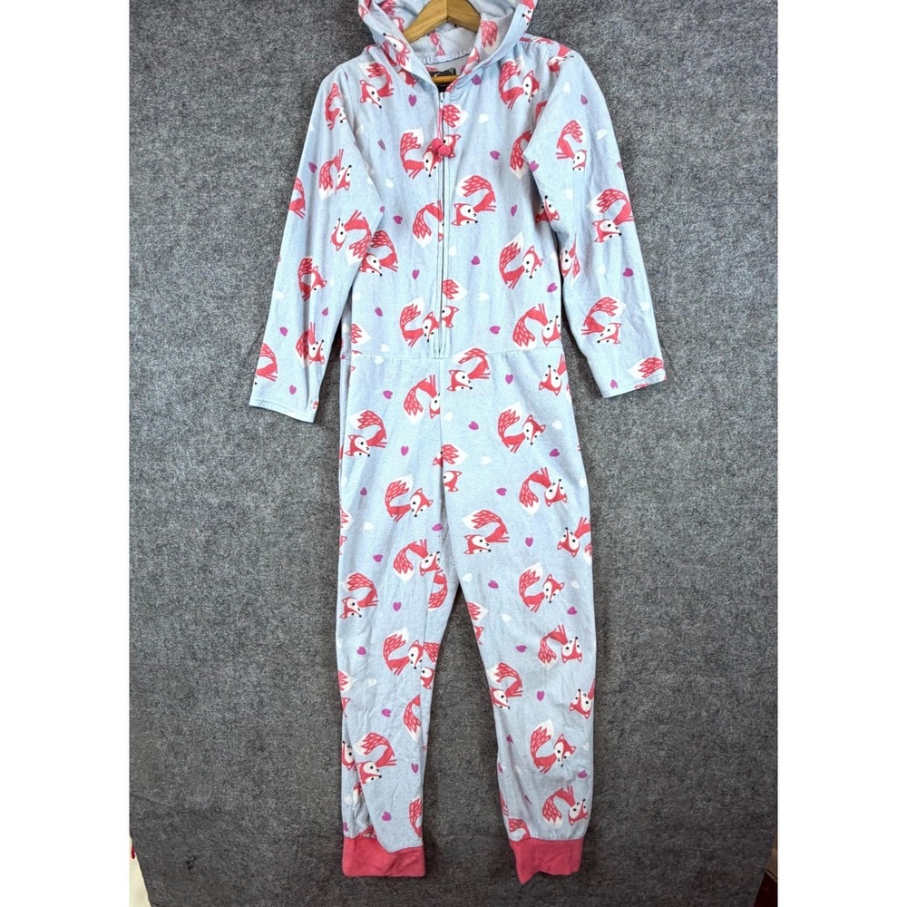PJ Couture One Piece Jumpsuit Pajama Womens Large Blue Fox Heart Print Hooded